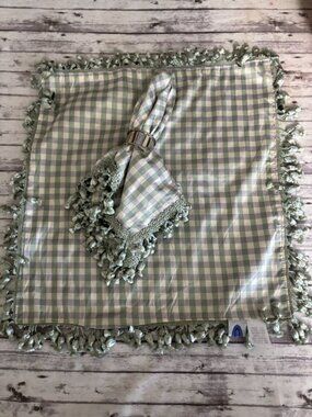 PAIR Green Purple Silk Check Gingham Napkins Tassels French‎ Country Romantic